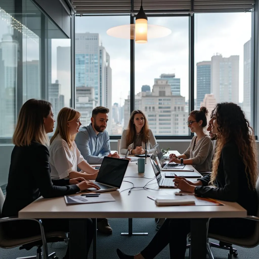 Equipo de ConsultArg en una reunión de trabajo colaborativa en oficina moderna.